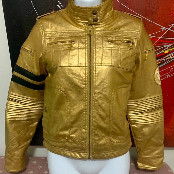 Luxirie by Lrg Size M Motorcycle Gold Jacket  Stripes Patch Quilted Lining - Picture 1 of 7